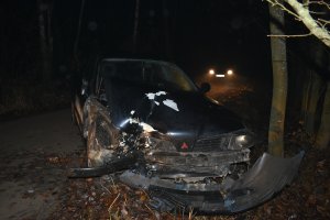 Na zdjęciu widzimy uszkodzony pojazd po uderzeniu w drzewo.