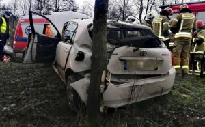 Uszkodzone auto- rozbite na drzewie.