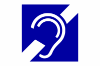 Znak informujący o możliwości skorzystania z usług przez osoby niesłyszące.