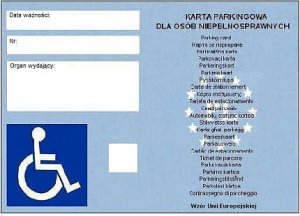 Karta osoby niepełnosprawnej upoważniająca do parkowania w miejsca specjalnie przystosowanych.