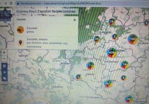 mapa krajowej mapy zagrożeń bezpieczeństwa przedstawiająca zgłoszenia obywateli z terenu powiatu żuromińskiego