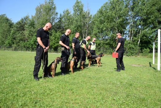 Na zdjęciu 5 policjantów Mantrailer&#039;ów (mantrailer) z psami specjalnie szkolonymi do poszukiwań ludzi oraz moderator