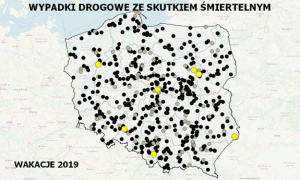 Na obrazku mapa polski z naniesionymi punktami koloru czarnego i czerwonego, oznaczającymi ilość wypadków. W lewym dolnym roku legenda mapy