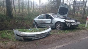 Rozbity samochód koloru srebrnego, obok samochodu urwany zderzak, w tle drzewa